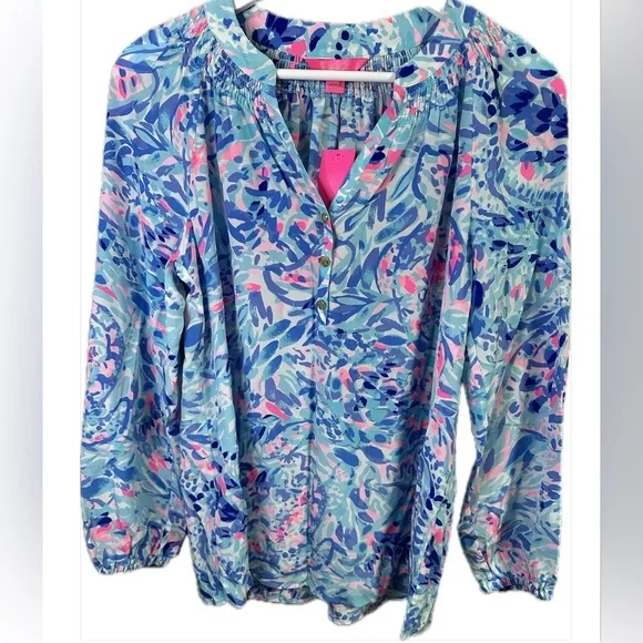Lilly Pulitzer Elsa Blouse in Breakwater Tint Party Wave Print Size Small - Picture 4 of 9